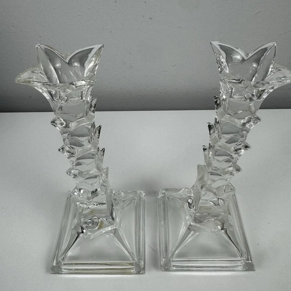 Vtg 1980s Crystal Clear Lead Crystal Candlesticks Pair USA Art Deco Style‎